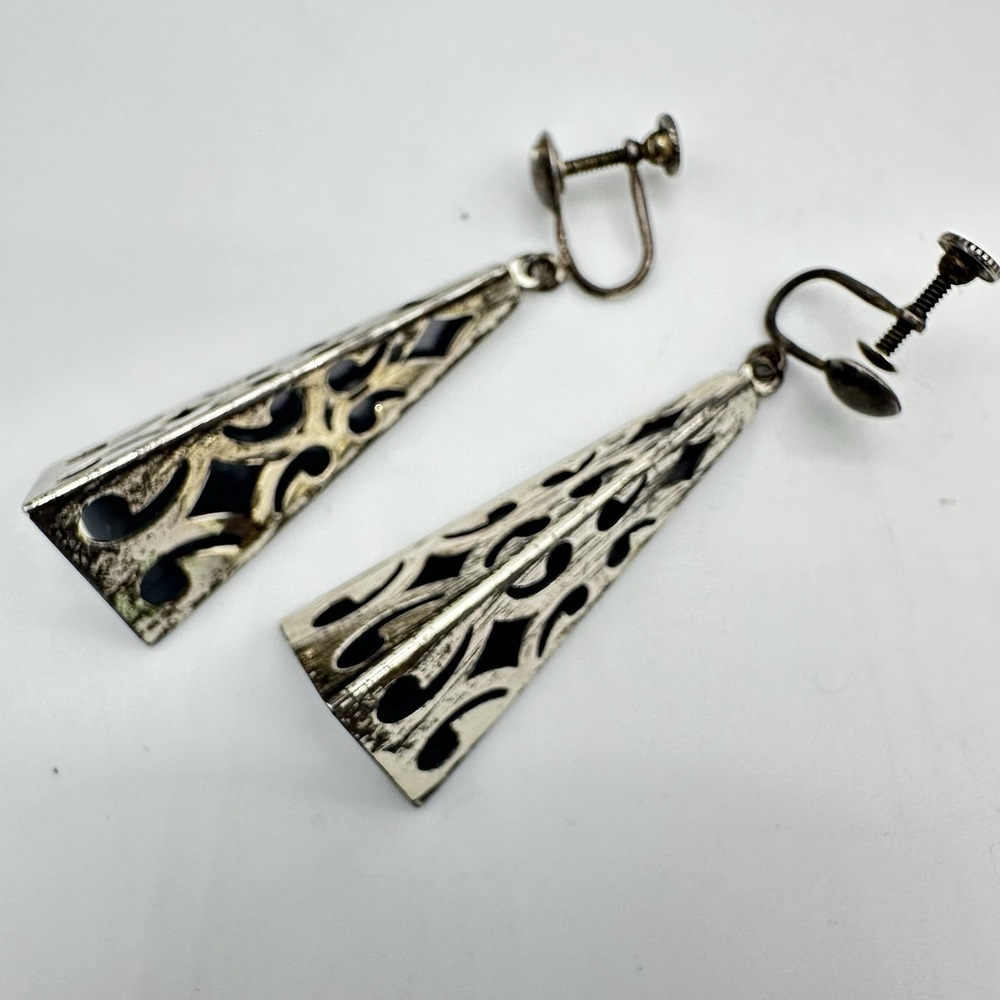 Vintage Antique Sterling Silver Earrings Art Deco Cut Out Dangle Shadow Box